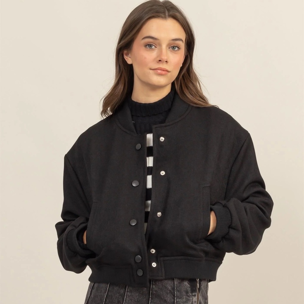 Hyfve Button-Up Black Bomber Jacket With Ribbed Cuffs